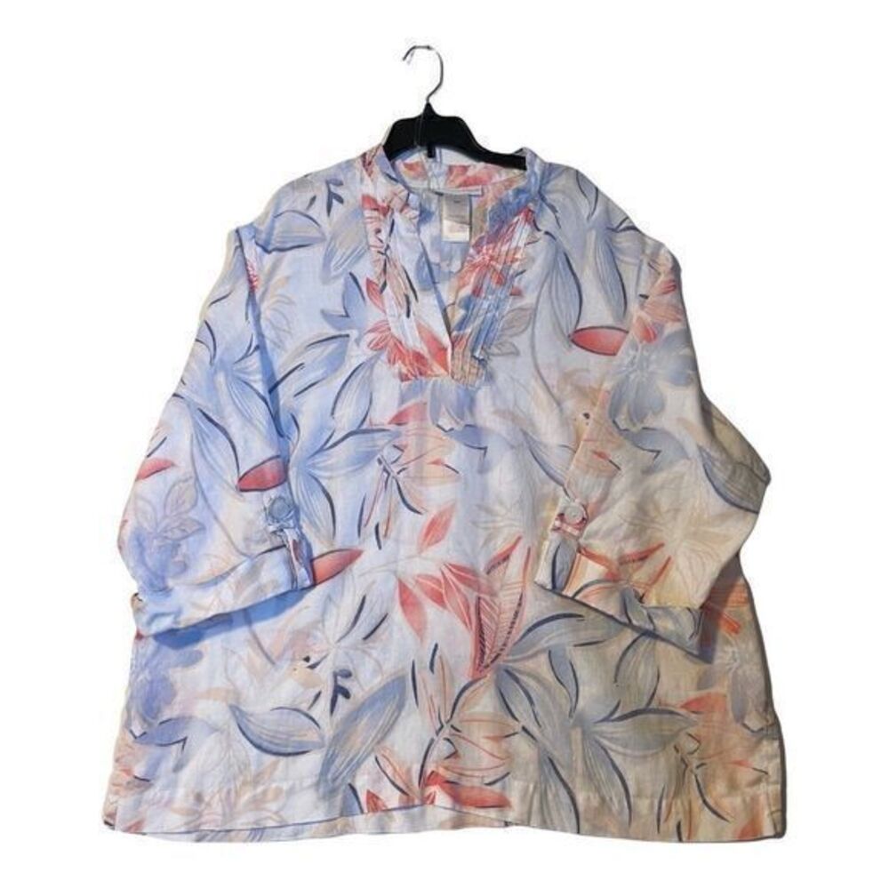 JM Collection Tunic Top Women's Size 20W Multicolour Floral Linen V-Neck